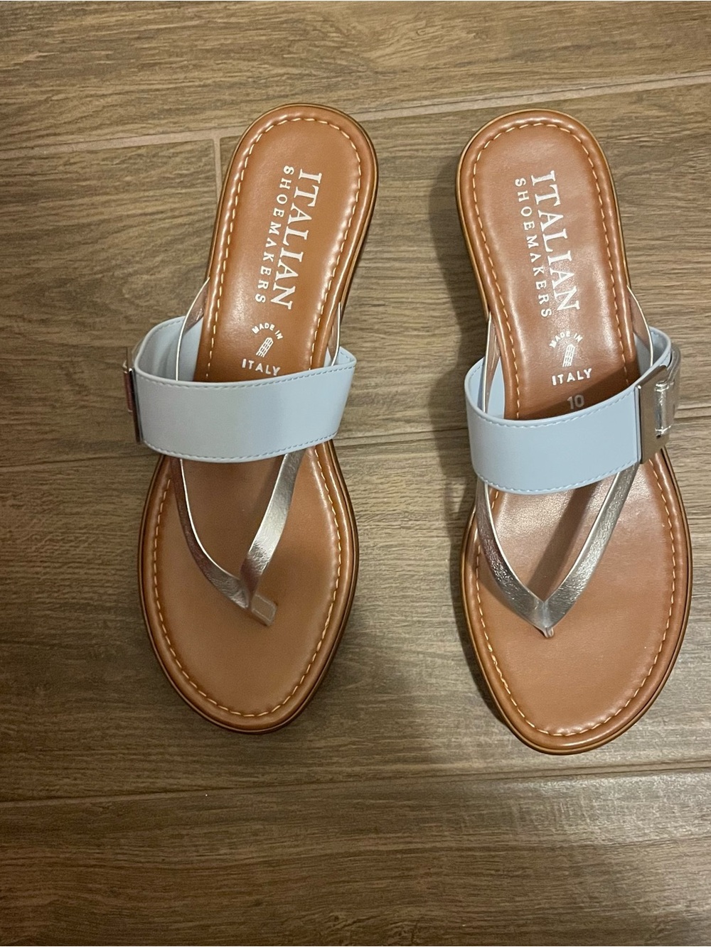 NWOT Italian Shoemakers Light Blue and Silver Leather Slide Sandals
